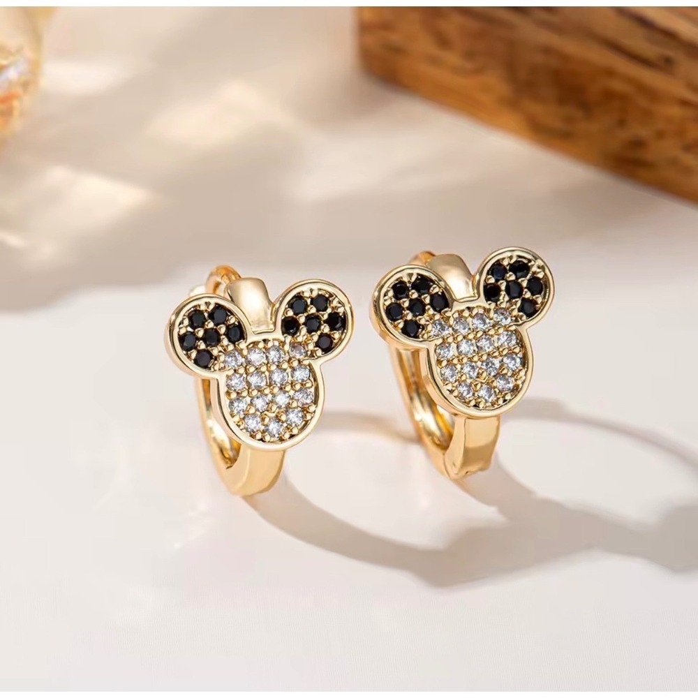 Disney Mickey Mouse Crystal Huggie Hoop Earrings Gold Tone Black White Pave